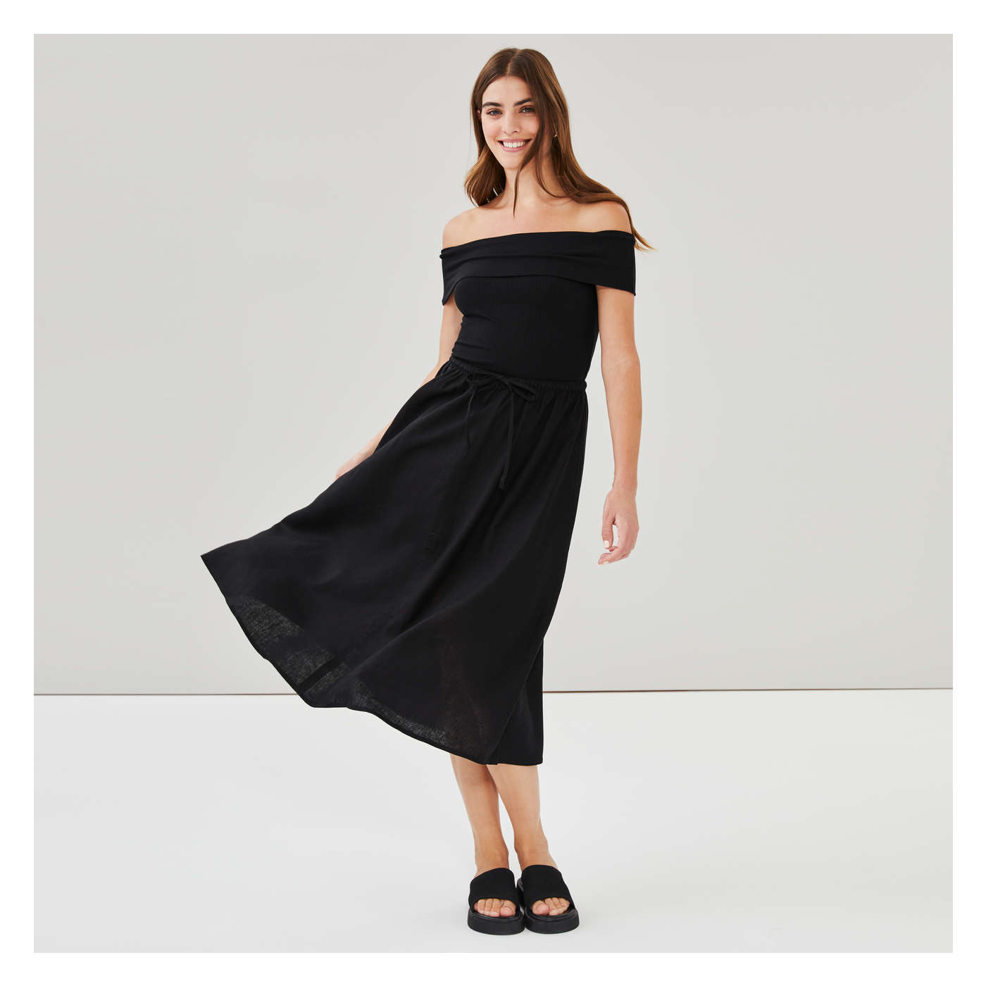 Linen Blend Midi Skirt in JF Black from Joe Fresh